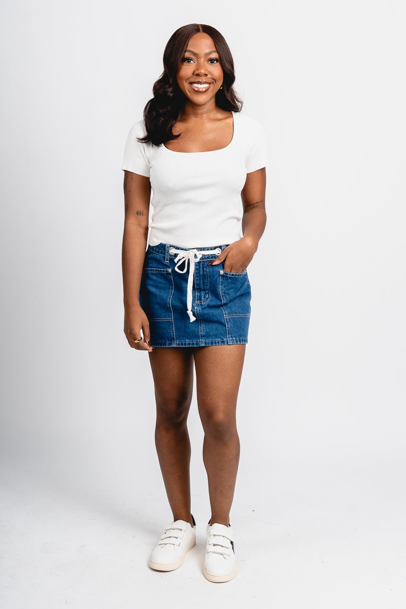 Mid rise mini skirt denim | Lush Fashion Lounge: boutique fashion skirts, affordable boutique skirts, cute affordable skirts