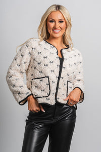 Bow embroidered jacket cream – Affordable Blazers | Cute Black Jackets at Lush Fashion Lounge Boutique in Oklahoma City