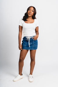 Mid rise mini skirt denim | Lush Fashion Lounge: boutique fashion skirts, affordable boutique skirts, cute affordable skirts