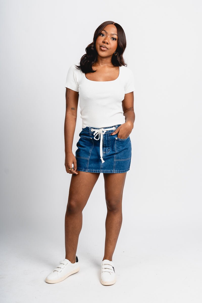Mid rise mini skirt denim | Lush Fashion Lounge: boutique fashion skirts, affordable boutique skirts, cute affordable skirts