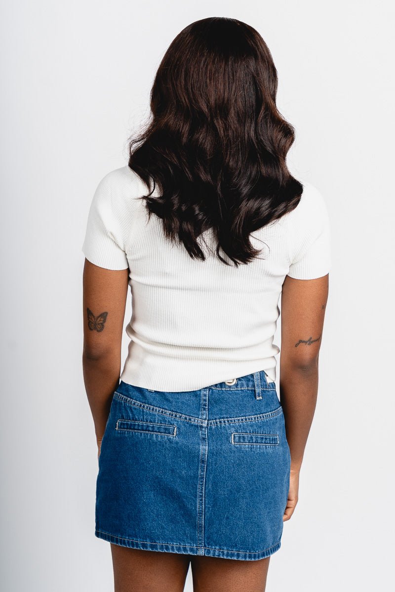 Mid rise mini skirt denim | Lush Fashion Lounge: boutique fashion skirts, affordable boutique skirts, cute affordable skirts