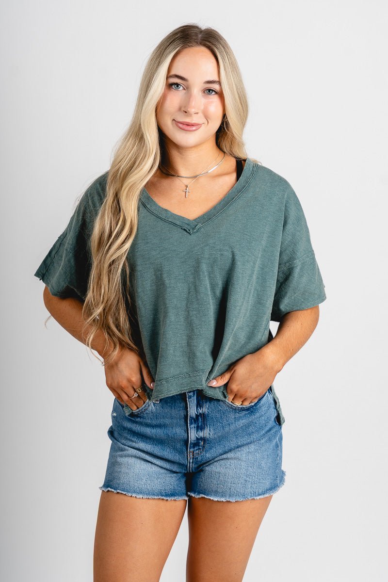 Boxy v-neck short sleeve t-shirt dark teal