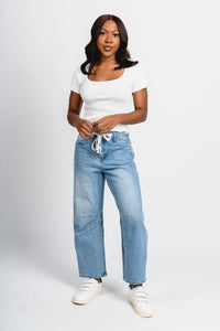 High rise barrel jeans denim | Lush Fashion Lounge: boutique women's jeans, fashion jeans for women, affordable fashion jeans, cute boutique jeans
