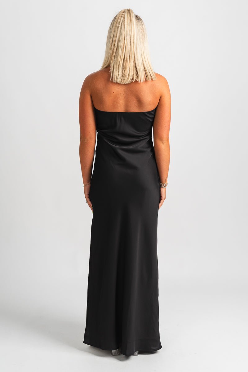 Satin strapless maxi dress black - Affordable dress - Boutique Dresses at Lush Fashion Lounge Boutique in Oklahoma City