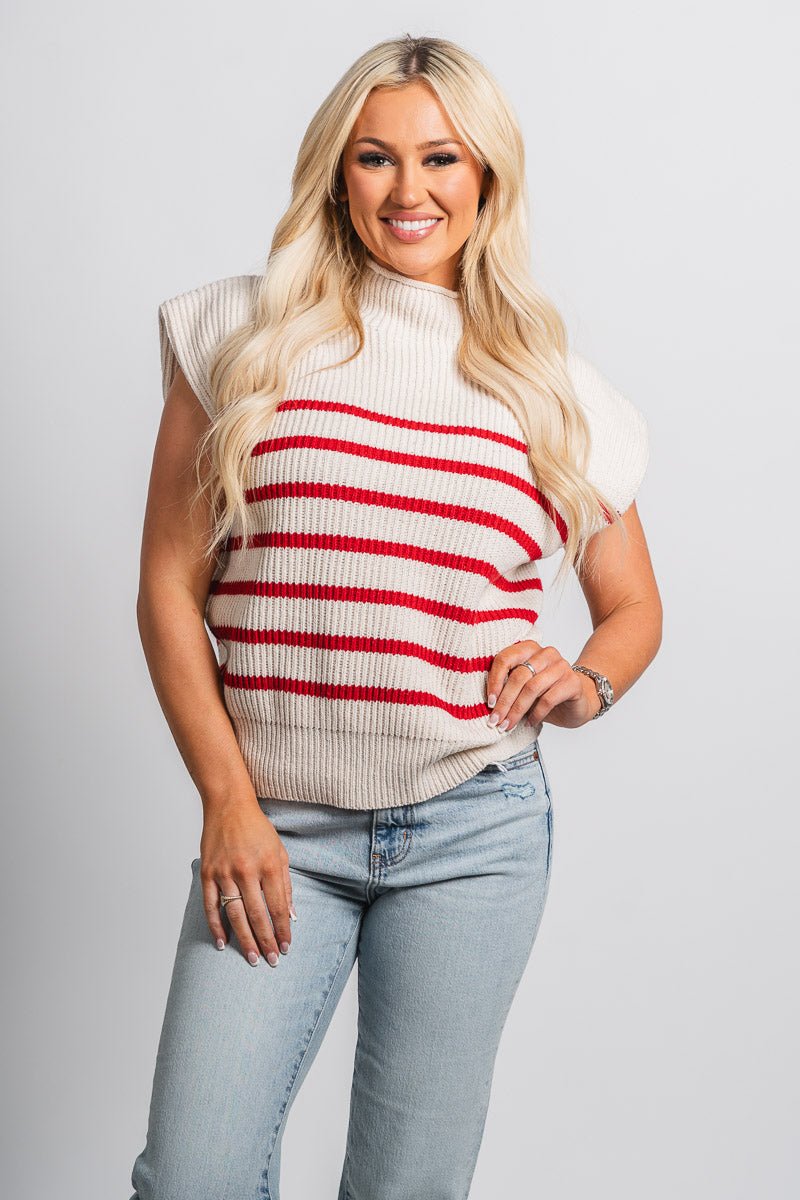 Sleeveless mock neck sweater cream/red - Trendy Holiday Apparel at Lush Fashion Lounge Boutique in Oklahoma City