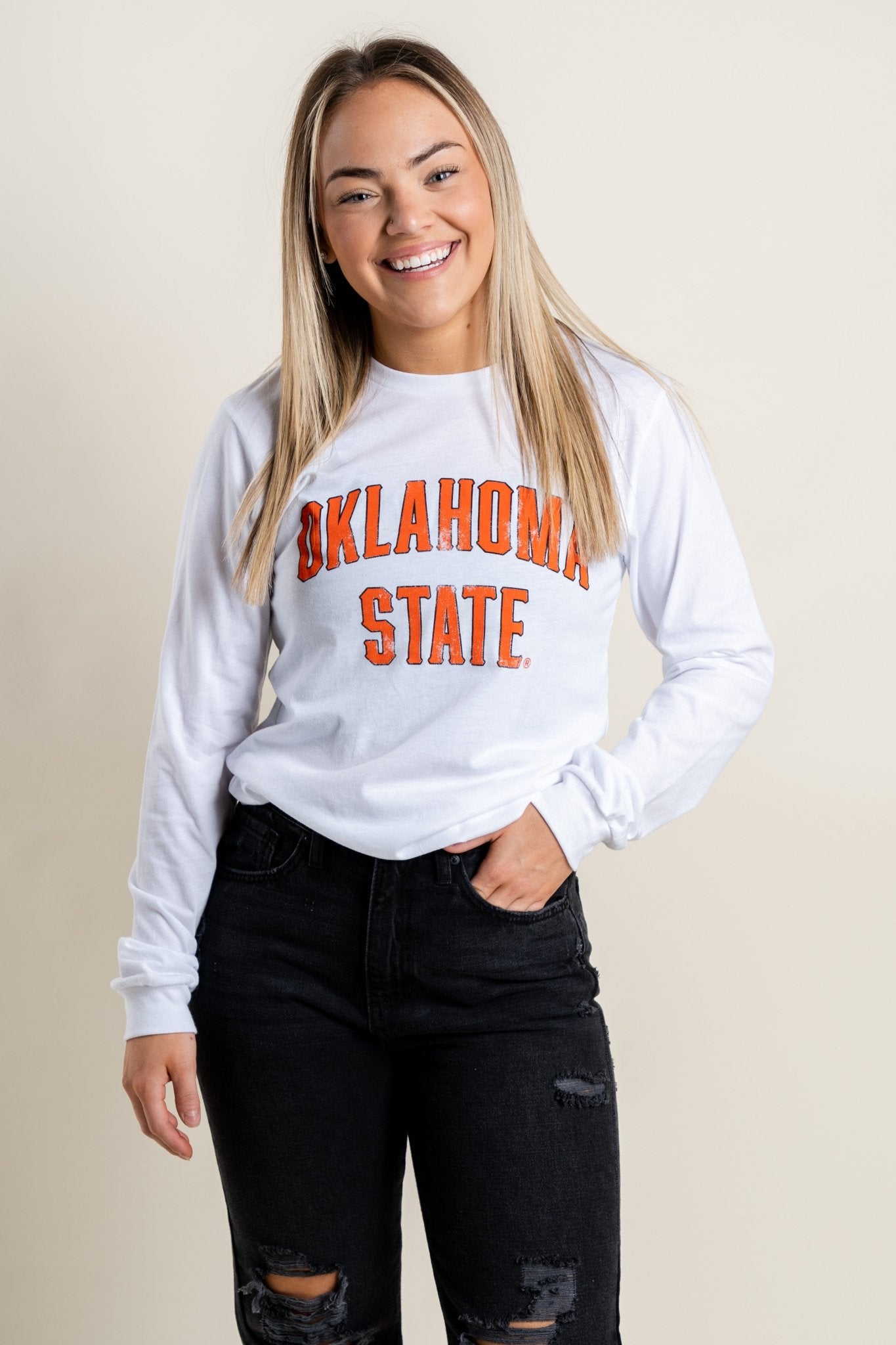 OSU OSU classic arch long sleeve t-shirt white T-shirts | Lush Fashion Lounge Trendy Oklahoma State Cowboys Apparel & Cute Gameday T-Shirts