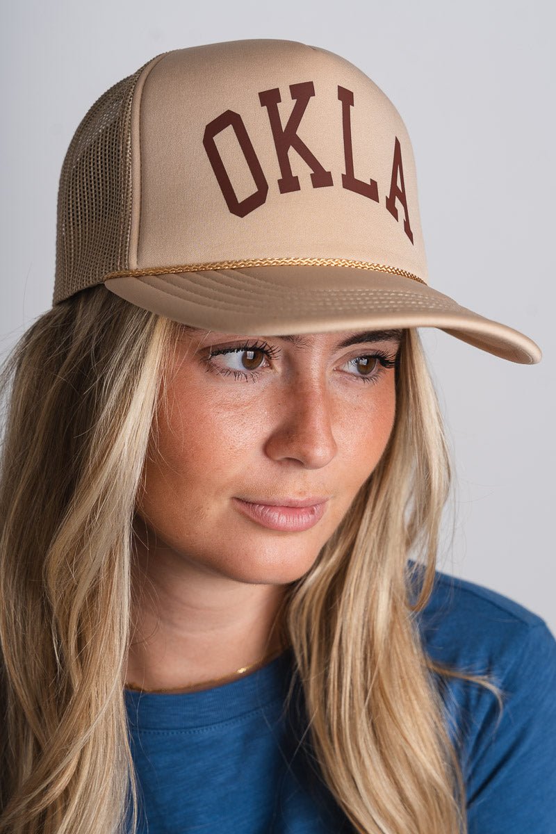 OKLA curved trucker hat khaki - Trendy Hats at Lush Fashion Lounge Boutique in Oklahoma City