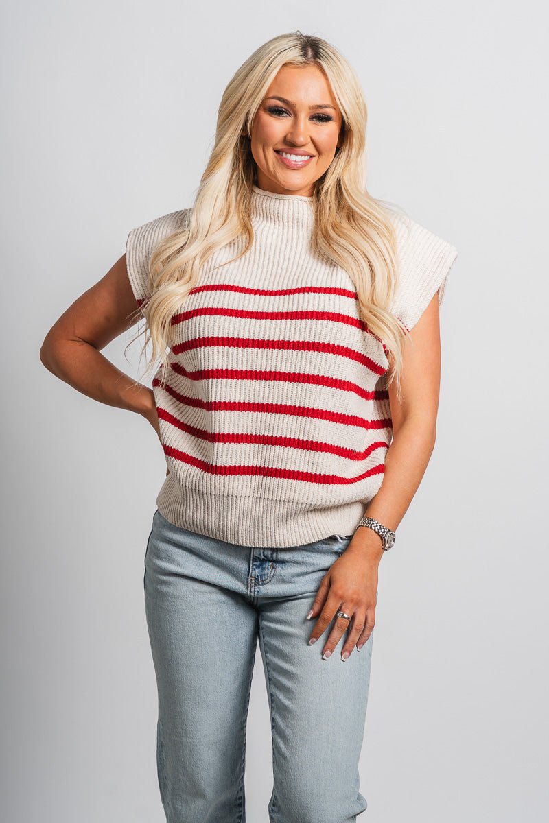 Sleeveless mock neck sweater cream/red – Stylish Sweaters | Boutique Sweaters at Lush Fashion Lounge Boutique in Oklahoma City