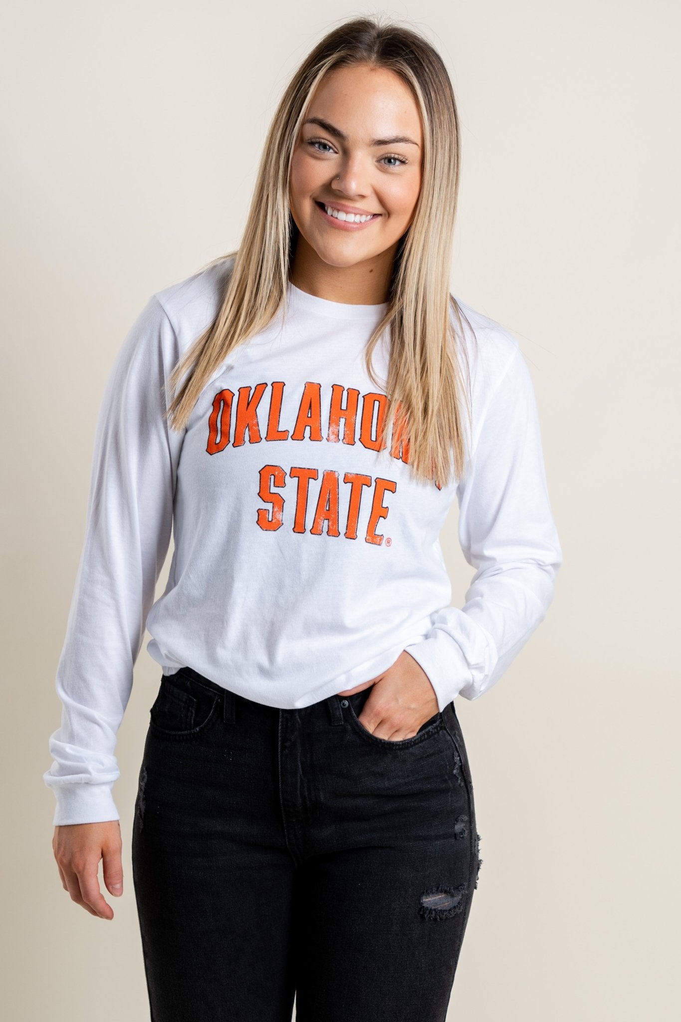 OSU OSU classic arch long sleeve t-shirt white T-shirts | Lush Fashion Lounge Trendy Oklahoma State Cowboys Apparel & Cute Gameday T-Shirts