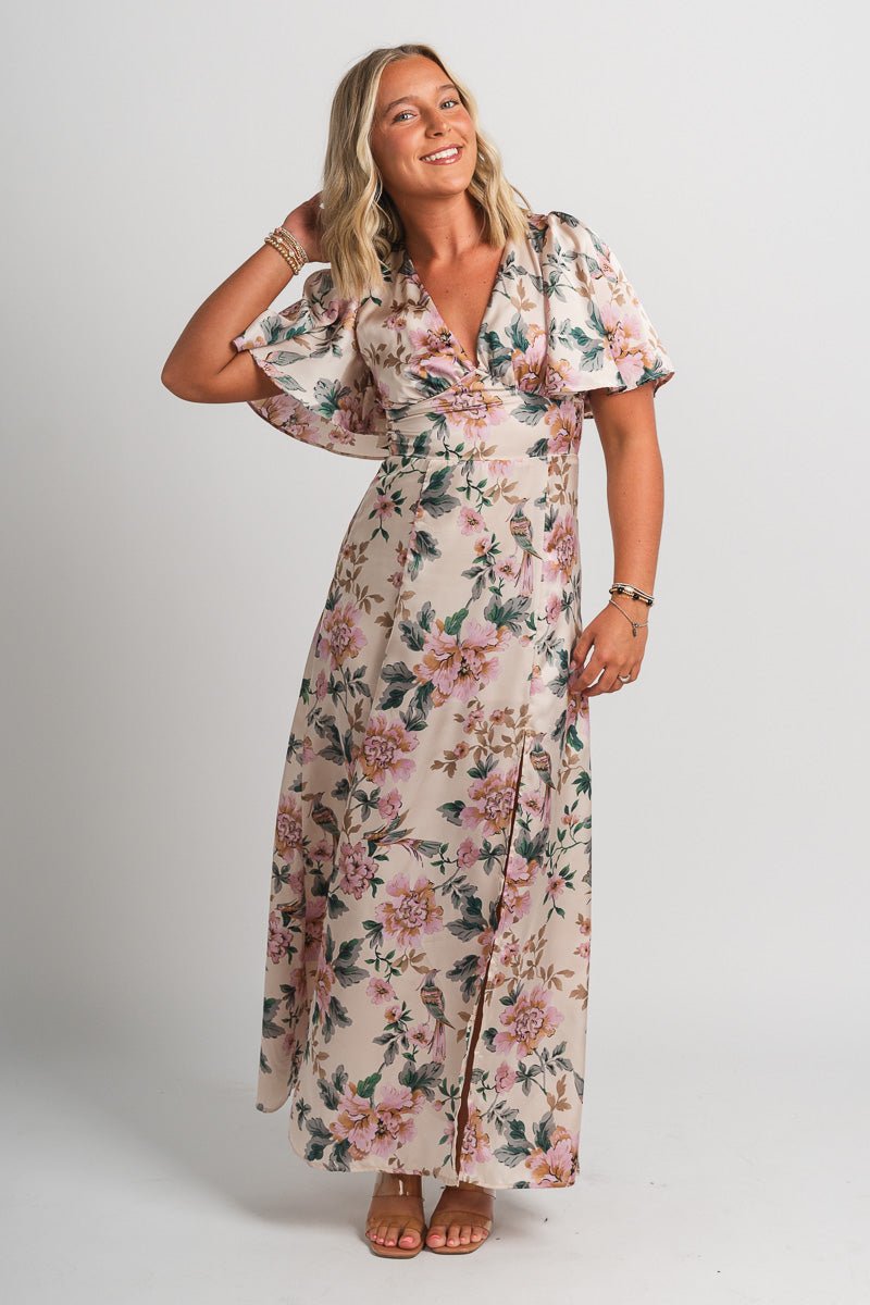 Floral maxi dress ecru/pink - Cute maxi dress - Trendy Dresses at Lush Fashion Lounge Boutique in Oklahoma City