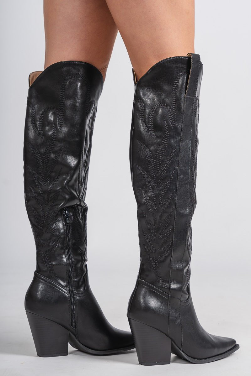 Bronco knee high cowboy boot black Stylish cowboy boot - Womens Fashion Shoes at Lush Fashion Lounge Boutique in Oklahoma City