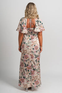Floral maxi dress ecru/pink - Affordable maxi dress - Boutique Dresses at Lush Fashion Lounge Boutique in Oklahoma City