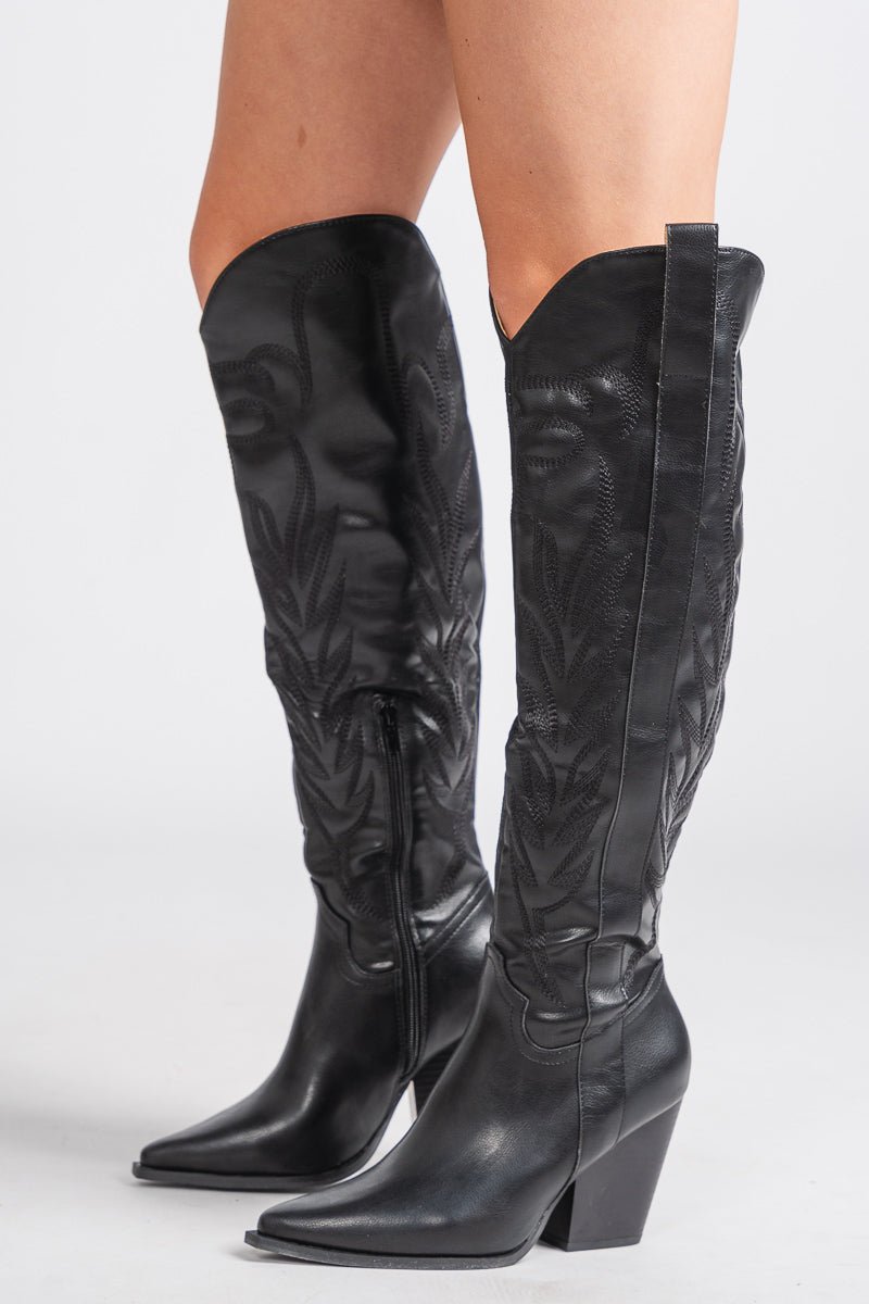 Bronco knee high cowboy boot black