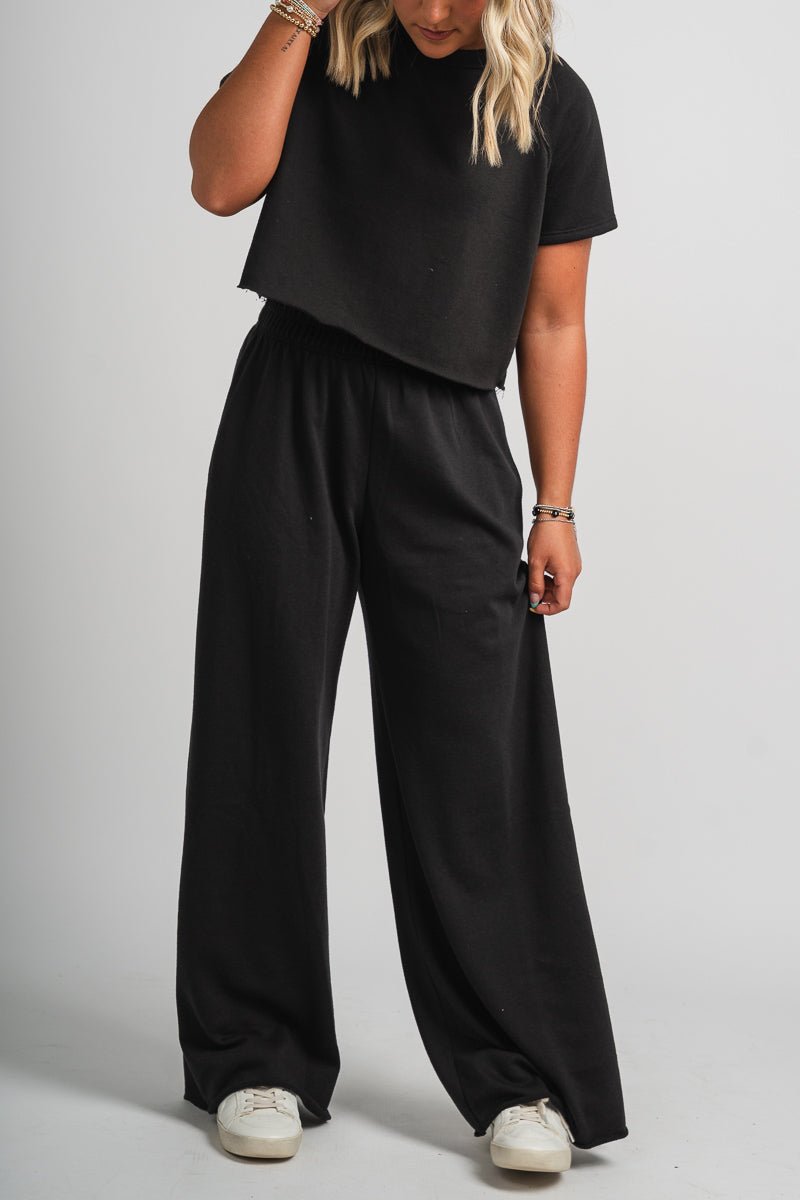 Wide leg sweatpants black - Trendy sweatpants - Cute Loungewear Collection at Lush Fashion Lounge Boutique in Oklahoma City