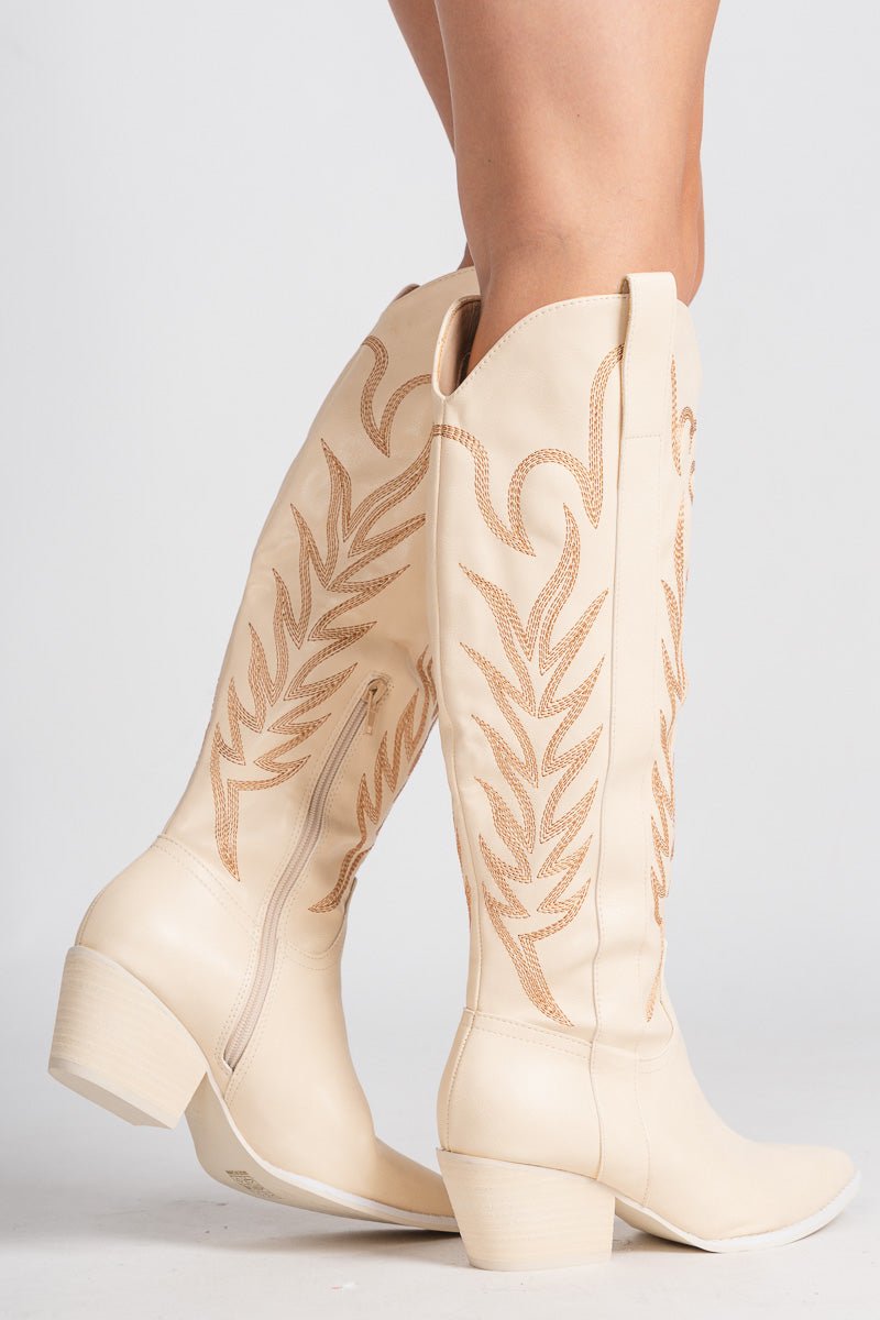 Samara embroidered cowboy boot off white - Cute cowboy boot - Trendy Shoes at Lush Fashion Lounge Boutique in Oklahoma City