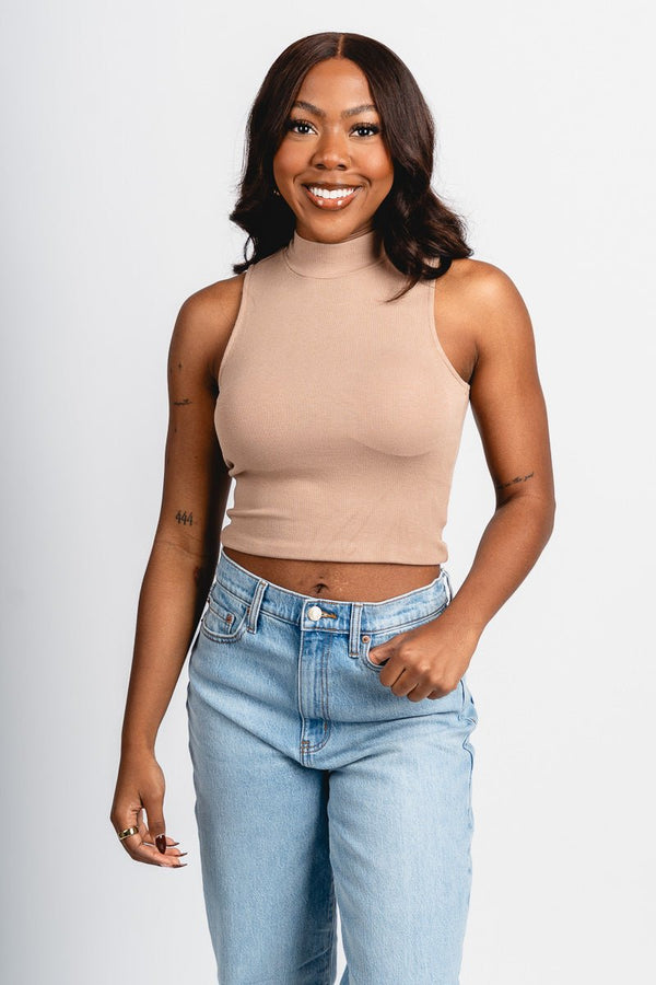 Mock neck sleeveless top oak | Trendy Tops - Lush Fashion Lounge