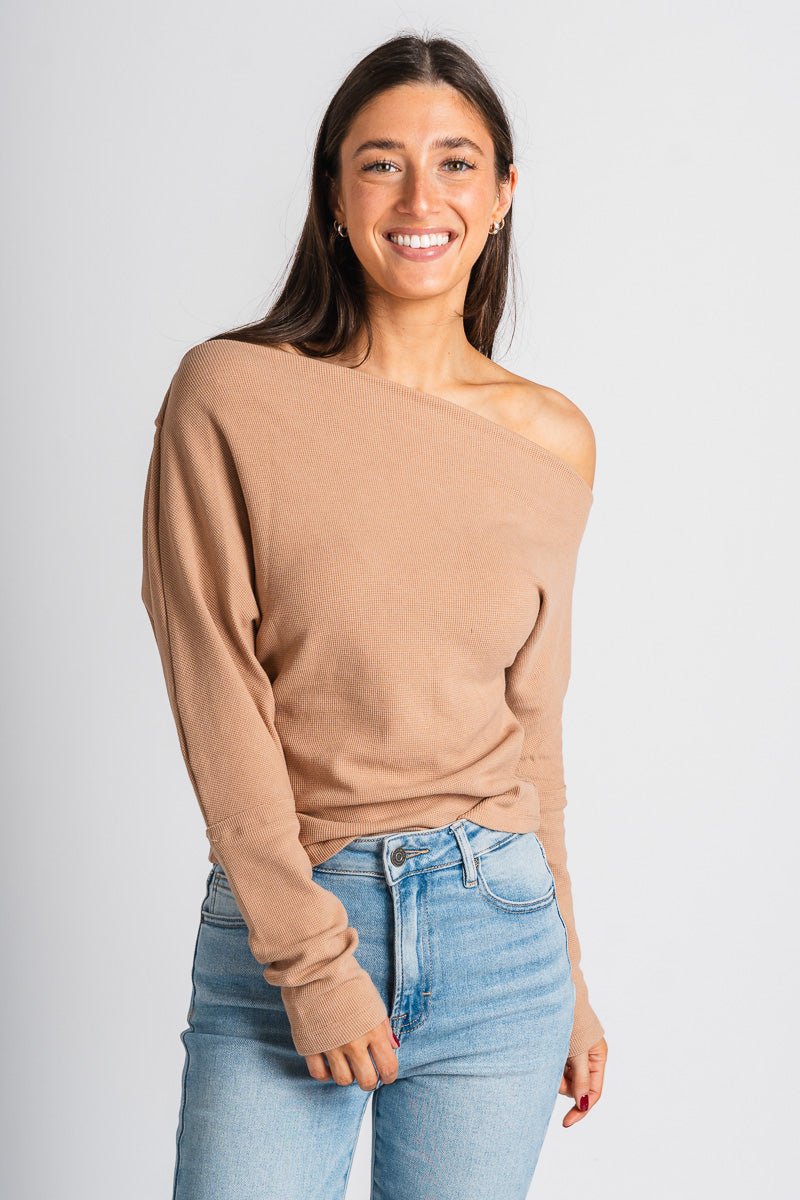 Waffle cowl neck top taupe