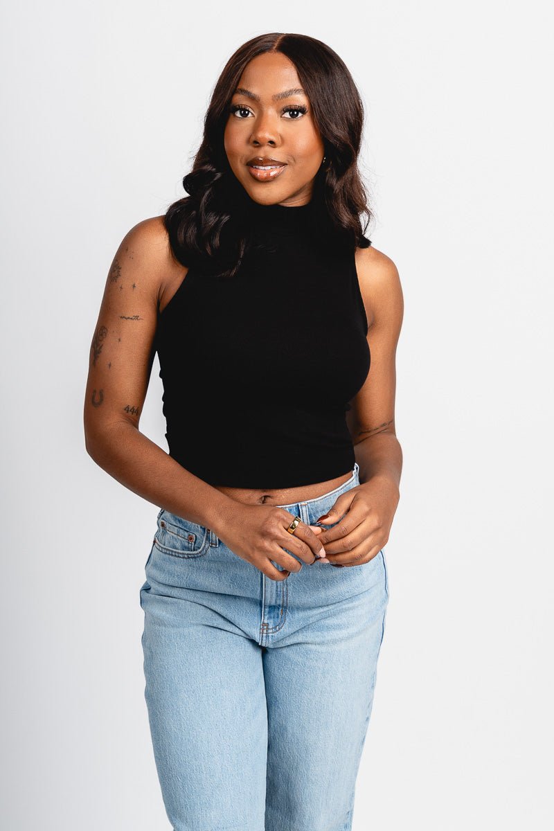 Mock neck sleeveless top black