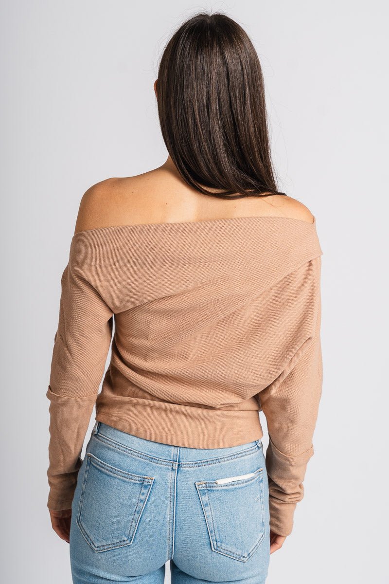 Waffle cowl neck top taupe