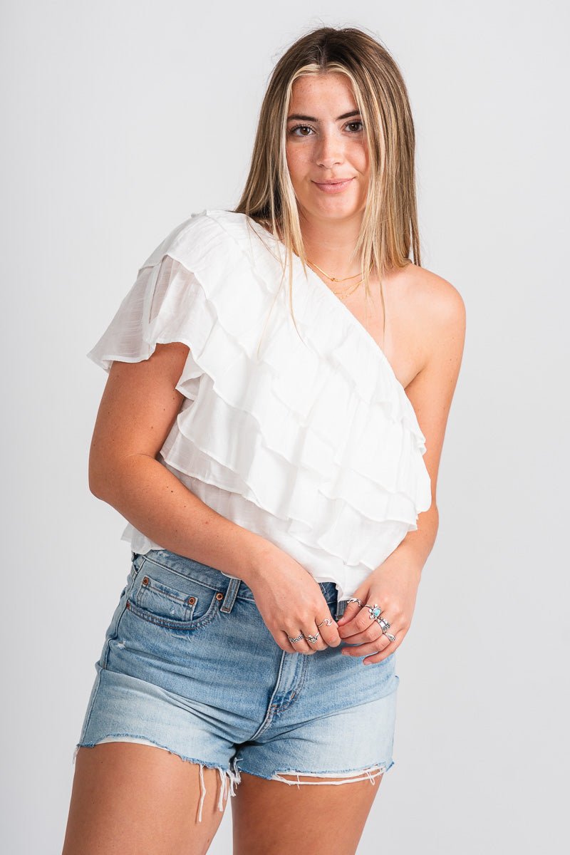 One shoulder ruffle top white