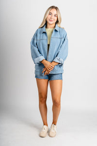 Oversized denim jacket light denim – Fashionable Jackets | Trendy Blazers at Lush Fashion Lounge Boutique in Oklahoma City