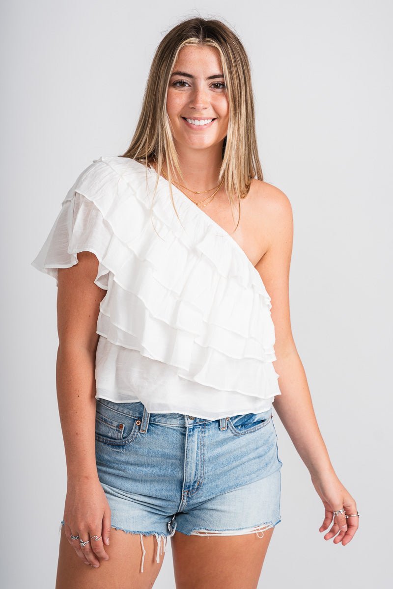 Jeans One Shoulder Blouse Shoulder Frill Top Solid Ruffle Hem