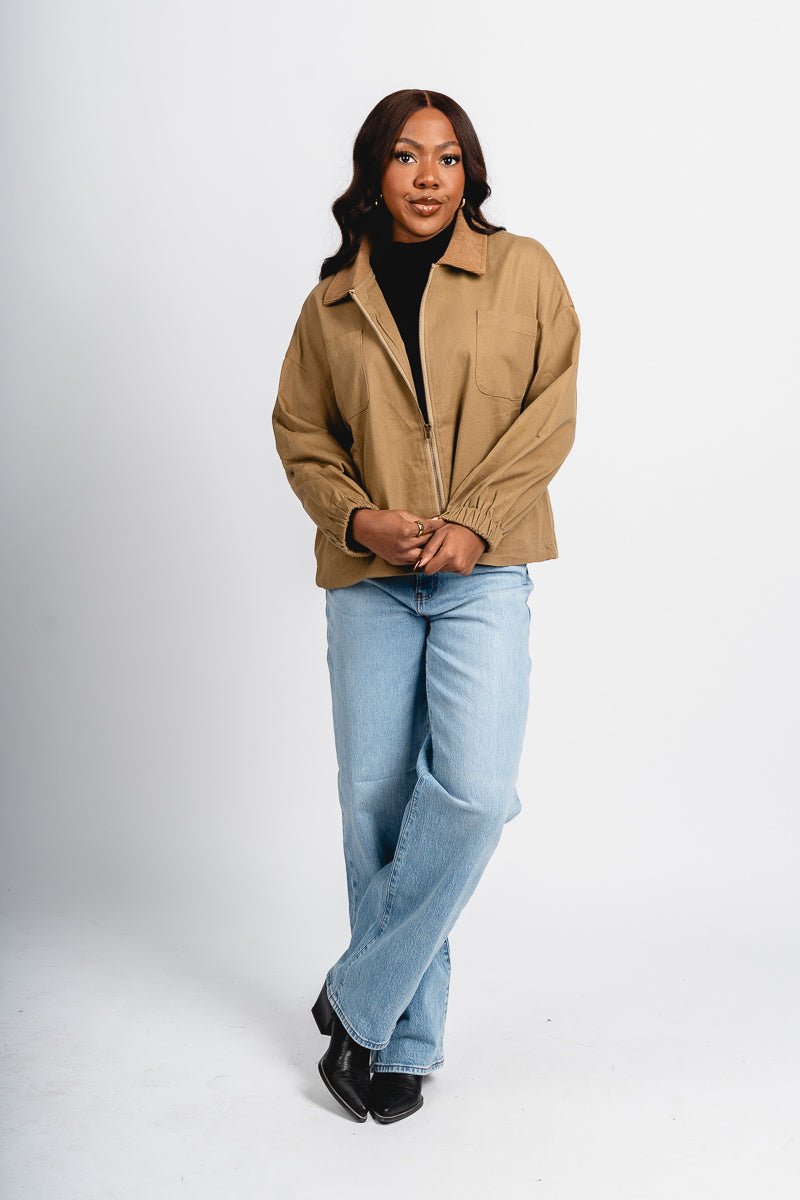 Zip front barn jacket khaki – Fashionable Jackets | Trendy Blazers at Lush Fashion Lounge Boutique in Oklahoma City