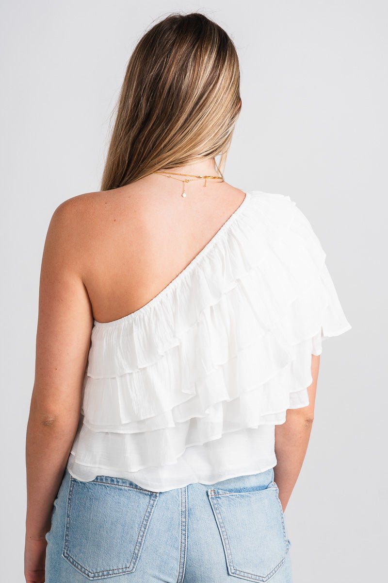 One shoulder ruffle top white
