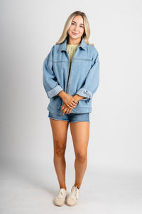 Oversized denim jacket light denim – Unique Blazers | Cute Blazers For Women at Lush Fashion Lounge Boutique in Oklahoma City