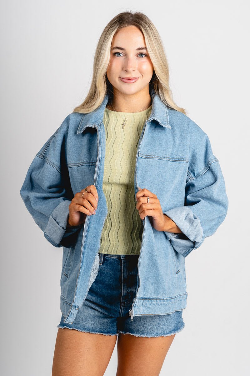 Oversized denim jacket light denim – Trendy Jackets | Cute Fashion Blazers at Lush Fashion Lounge Boutique in Oklahoma City