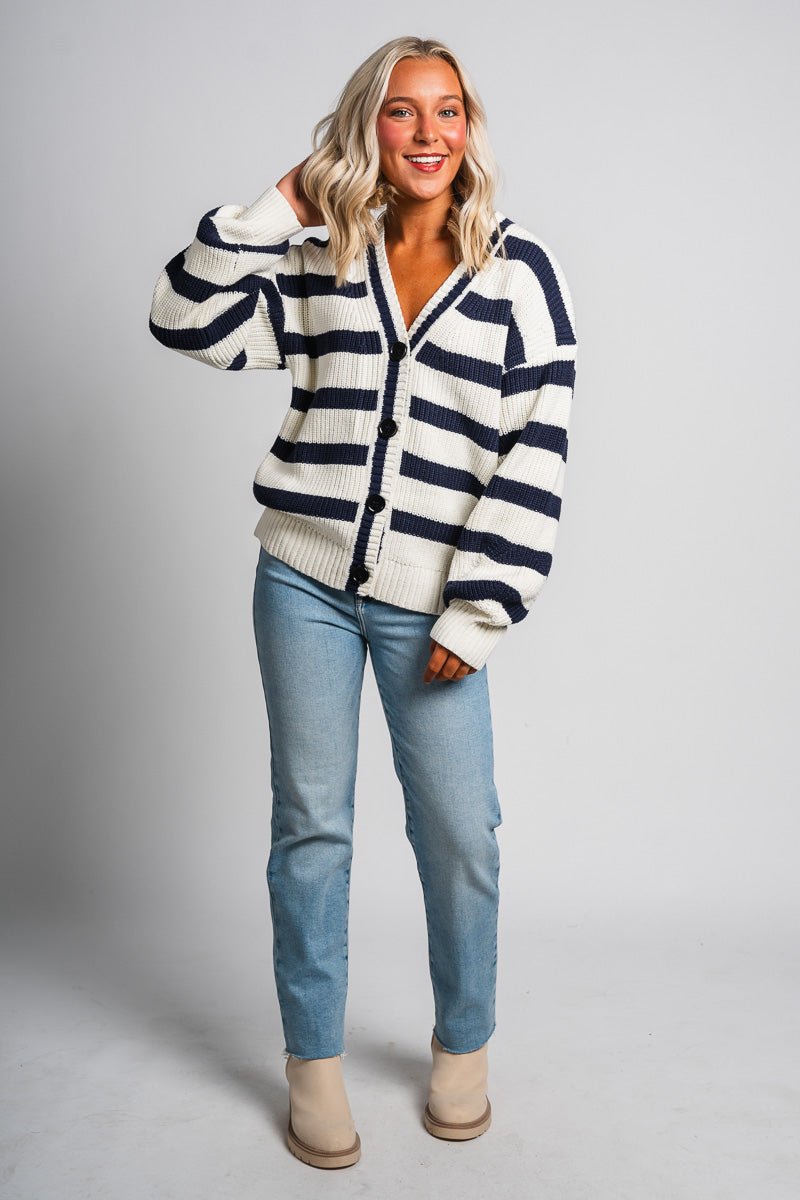 Striped button cardigan navy/white - Trendy Cardigan - Fashion Cardigans & Cute Kimonos at Lush Fashion Lounge Boutique in Oklahoma City