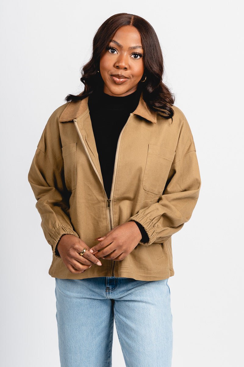 Zip front barn jacket khaki – Trendy Jackets | Cute Fashion Blazers at Lush Fashion Lounge Boutique in Oklahoma City