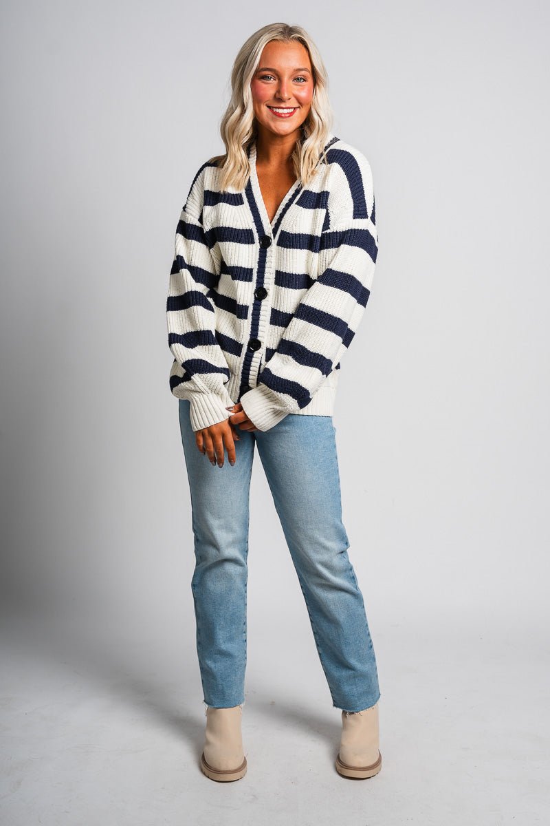 Striped button cardigan navy/white