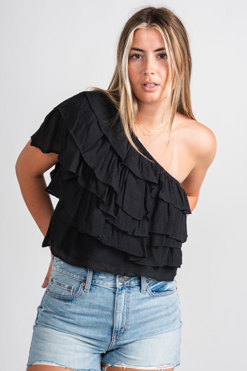 One shoulder ruffle top black