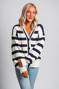 Striped button cardigan navy/white - Cute Cardigan - Trendy Cardigans & Stylish Kimonos at Lush Fashion Lounge Boutique in Oklahoma City