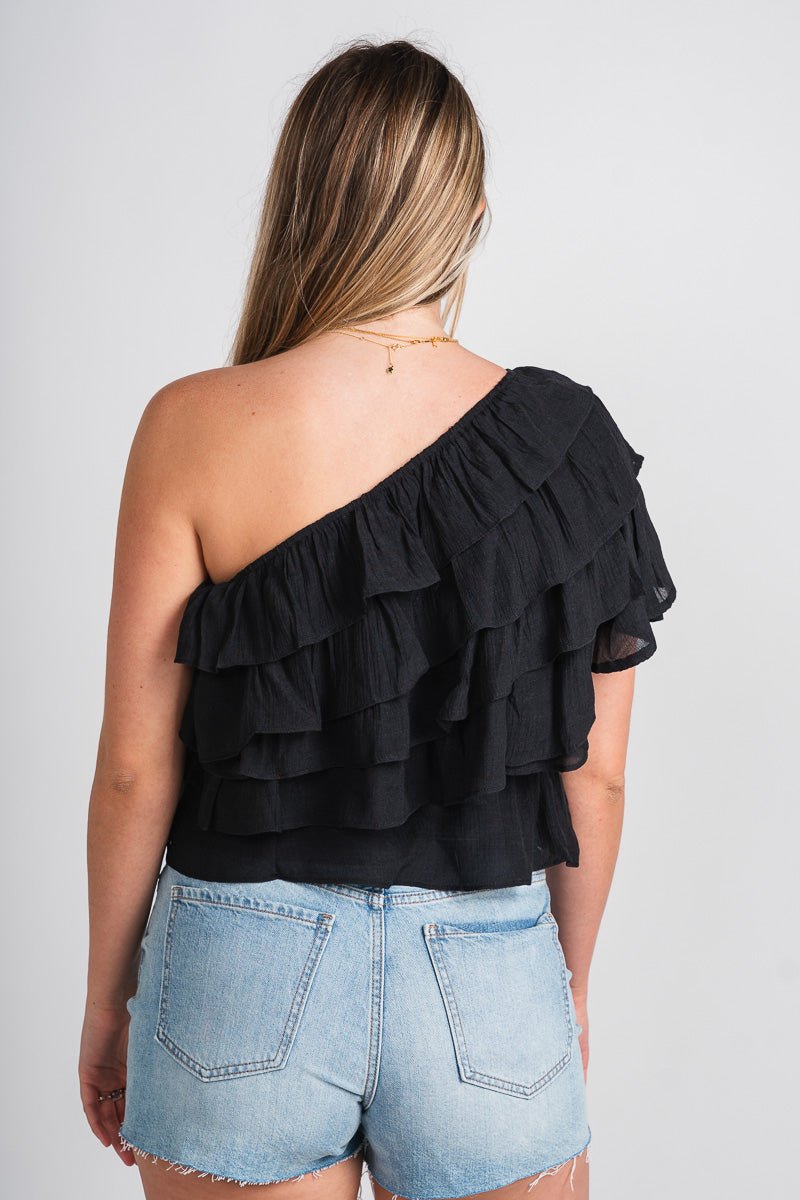 One shoulder ruffle top black