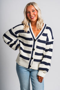 Striped button cardigan navy/white - Affordable Cardigan - Boutique Cardigans & Trendy Kimonos at Lush Fashion Lounge Boutique in Oklahoma City