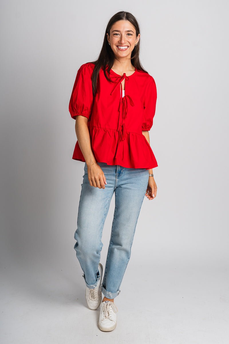 Tie puff sleeve top red