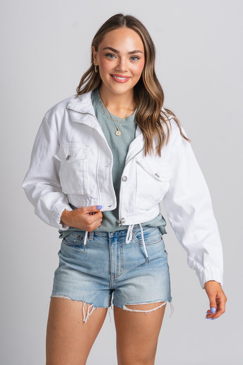 Denim crop jacket white – Trendy Jackets | Cute Fashion Blazers at Lush Fashion Lounge Boutique in Oklahoma City