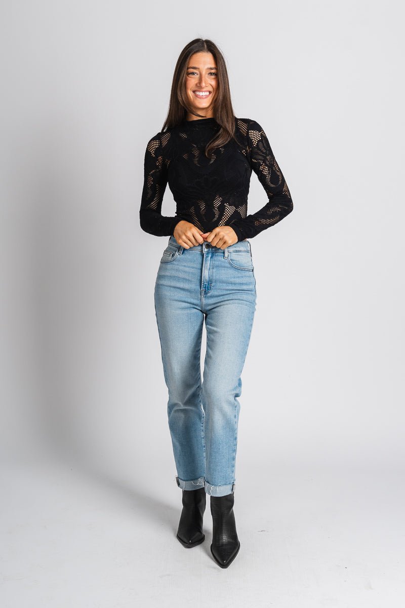 Mock neck lace top black