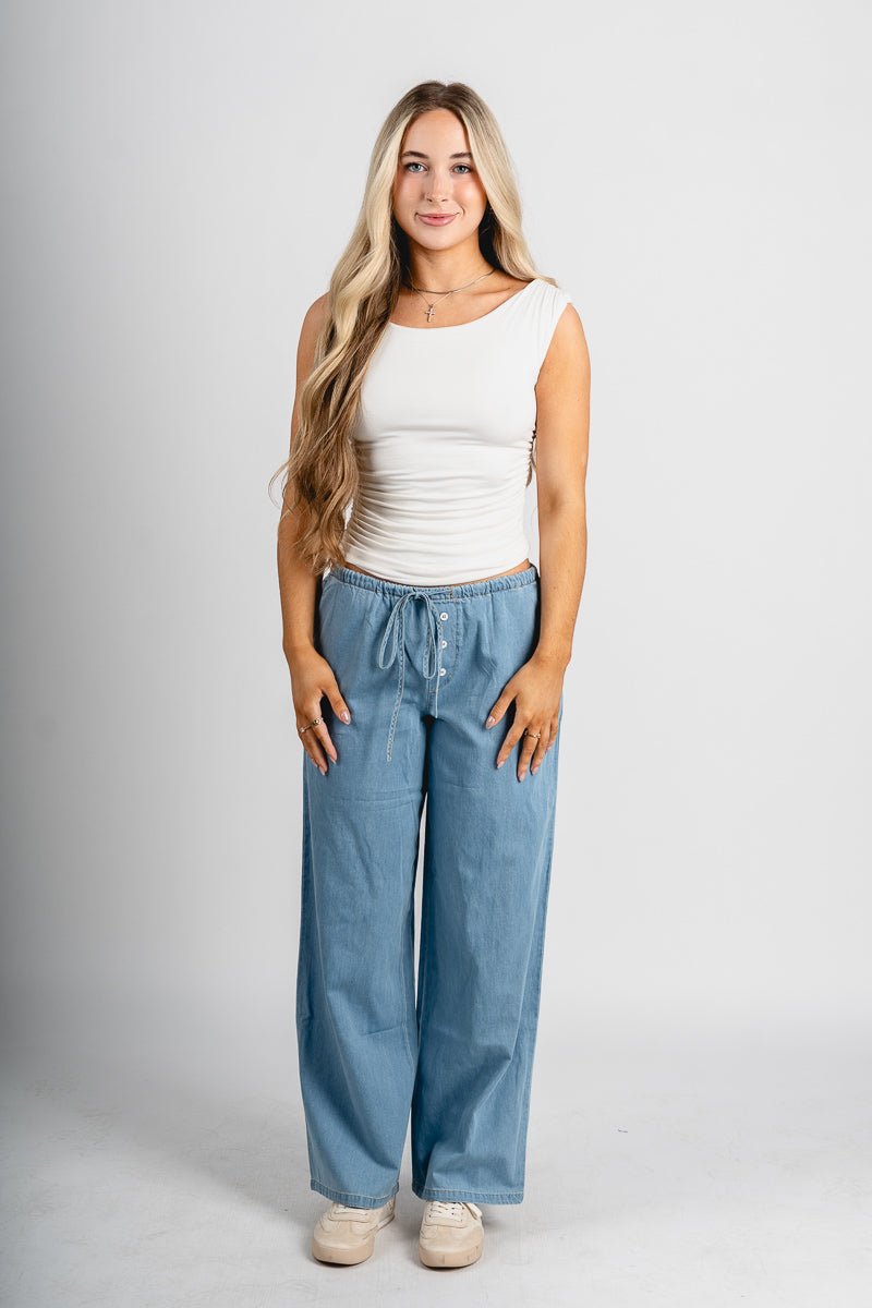 Low rise drawstring pants light denim | Lush Fashion Lounge: women's boutique pants, boutique women's pants, affordable boutique pants, women's fashion pants