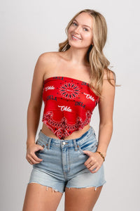 OU OU OKLA bandana top crimson top | Lush Fashion Lounge Trendy Oklahoma University Sooners Apparel & Cute Gameday T-Shirts