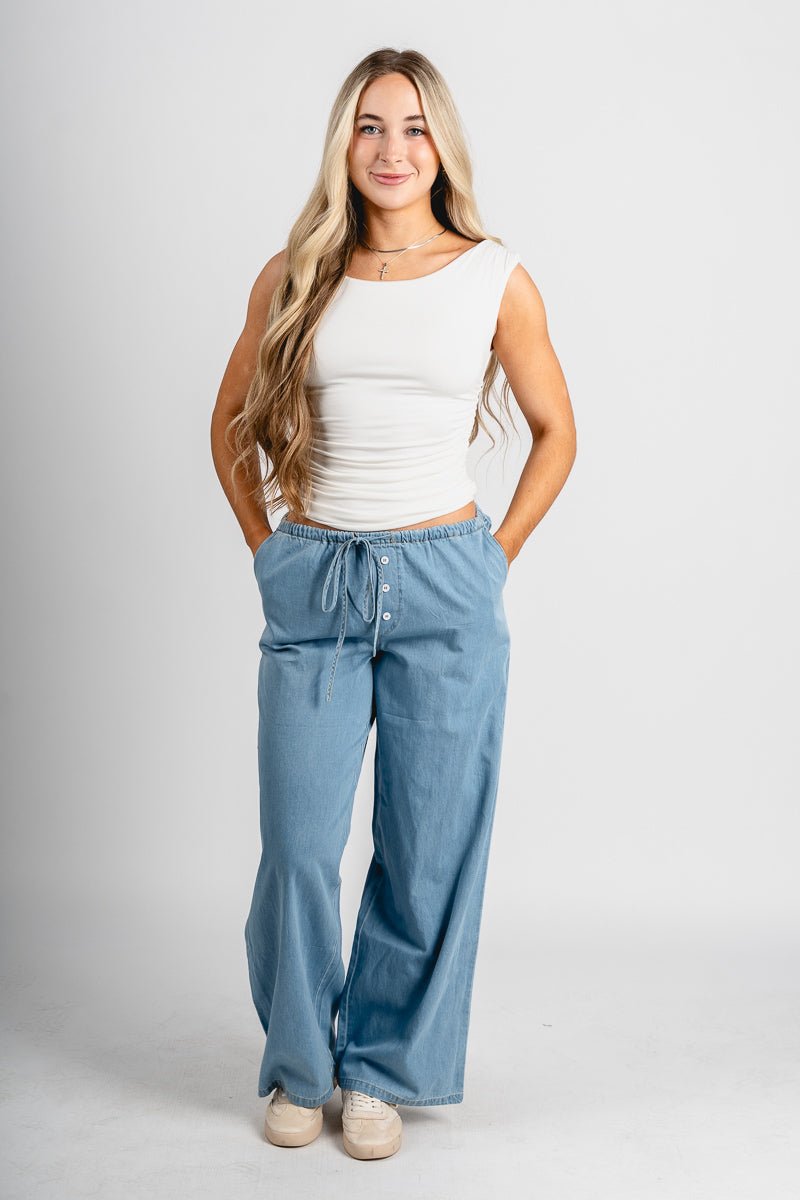 Low rise drawstring pants light denim | Lush Fashion Lounge: women's boutique pants, boutique women's pants, affordable boutique pants, women's fashion pants