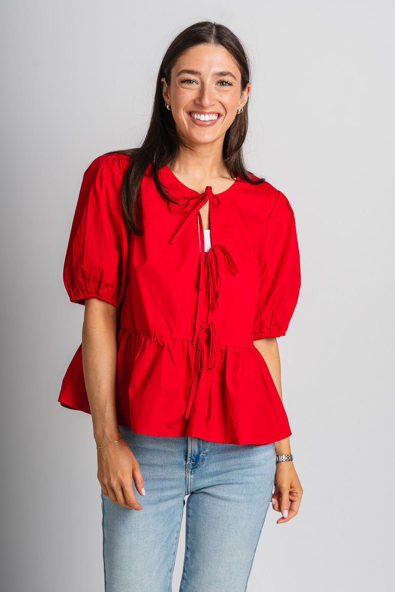 Tie puff sleeve top red