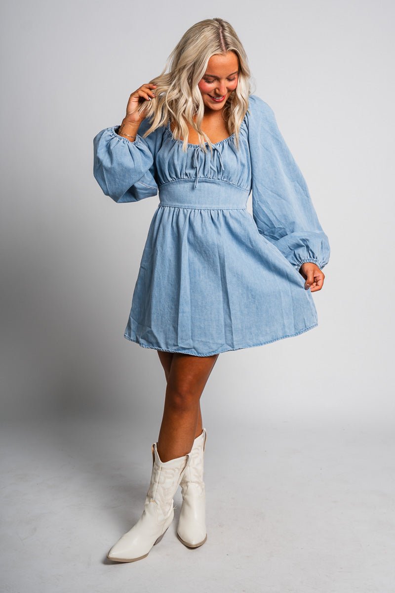 Puff sleeve denim dress light denim - Trendy dress - Fashion Dresses at Lush Fashion Lounge Boutique in Oklahoma City