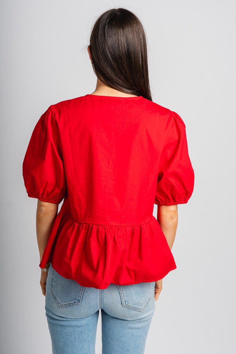 Tie puff sleeve top red