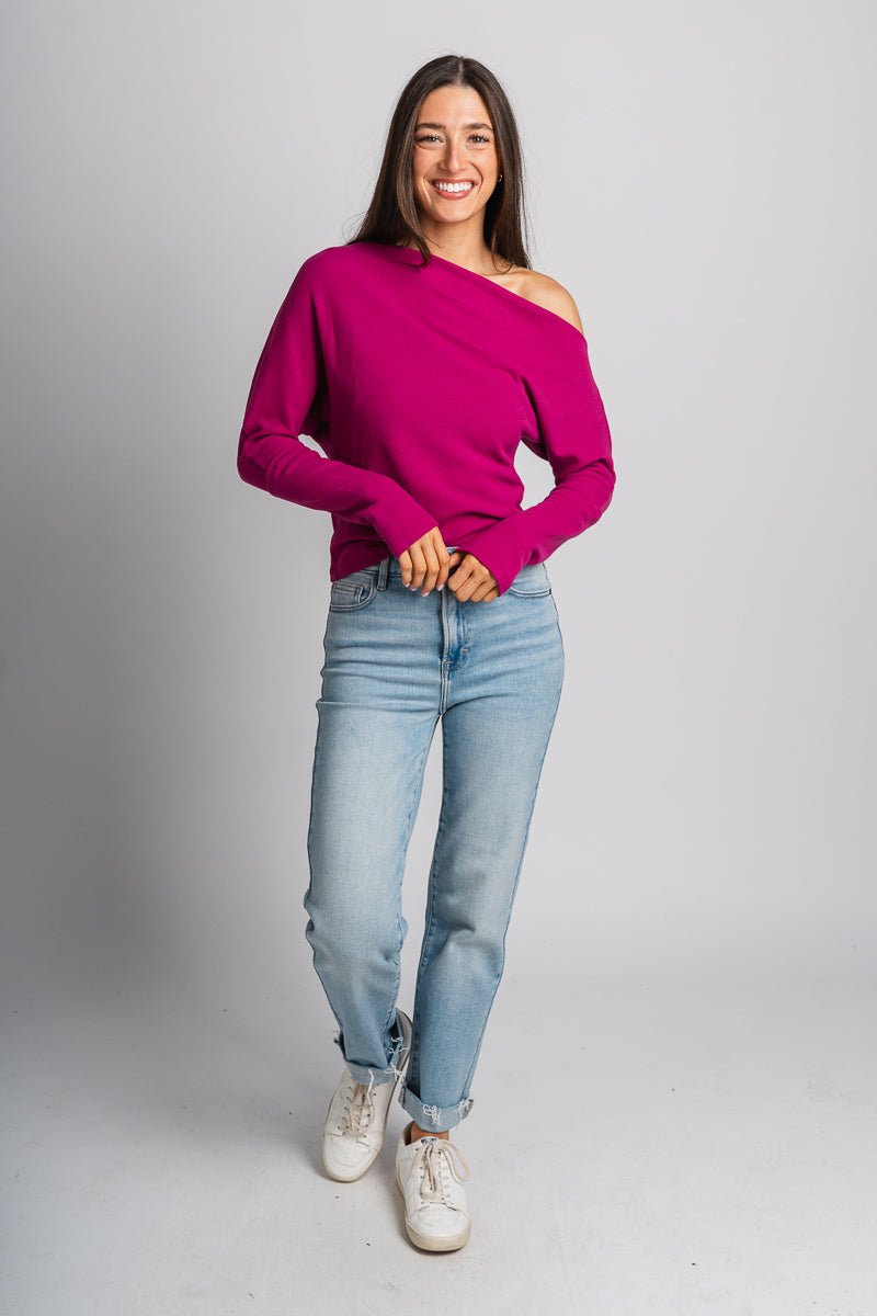 Waffle cowl neck top magenta