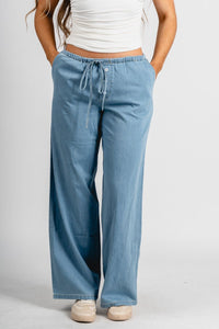 Low rise drawstring pants light denim | Lush Fashion Lounge: women's boutique pants, boutique women's pants, affordable boutique pants, women's fashion pants