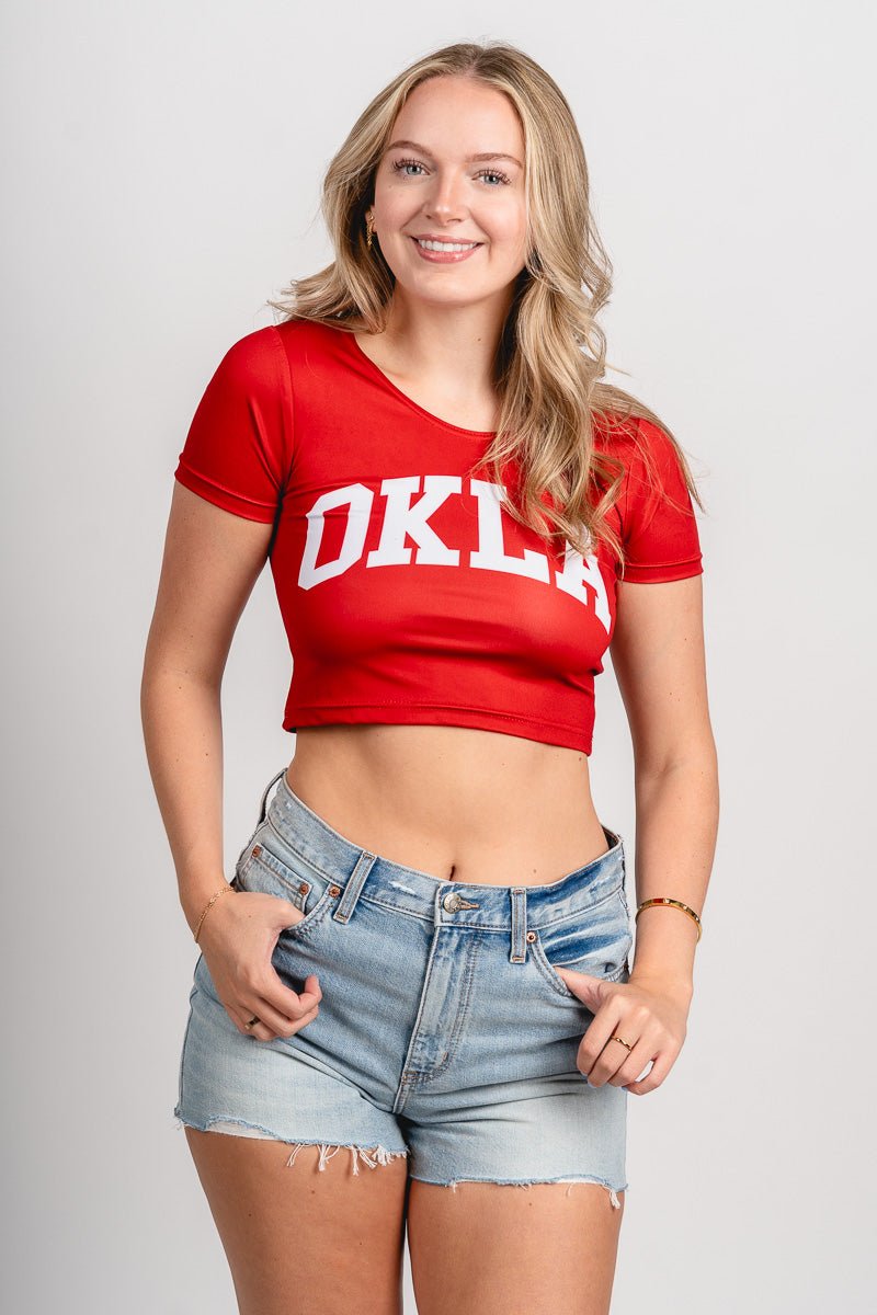 OU OU OKLA micro babydoll tee crimson top | Lush Fashion Lounge Trendy Oklahoma University Sooners Apparel & Cute Gameday T-Shirts
