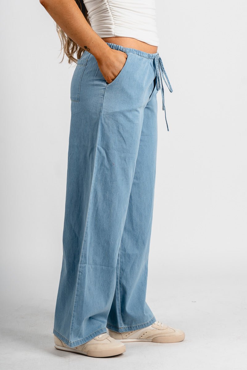Low rise drawstring pants light denim | Lush Fashion Lounge: women's boutique pants, boutique women's pants, affordable boutique pants, women's fashion pants